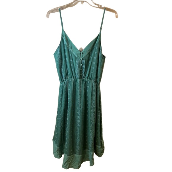 ARYNK Green Floral Silk Sundress Asymmetric Hem Adjustable Strap Button Detail M - Picture 6 of 9